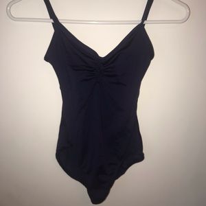 navy pinched front open back leotard